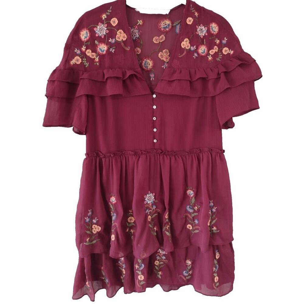 ZARA Womens Tiered Embroidered Dress Floral Mini Babydoll Burgundy Size XS